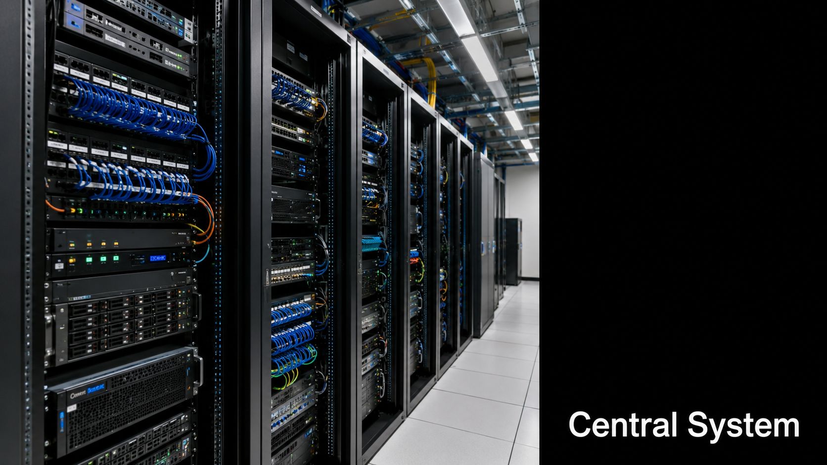 A professional server room featuring multiple organized racks containing network equipment and cabling under bright lighting.
