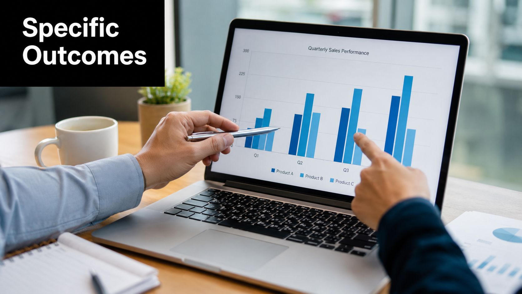 A professional team reviews quarterly sales data on a laptop screen while discussing business performance outcomes.