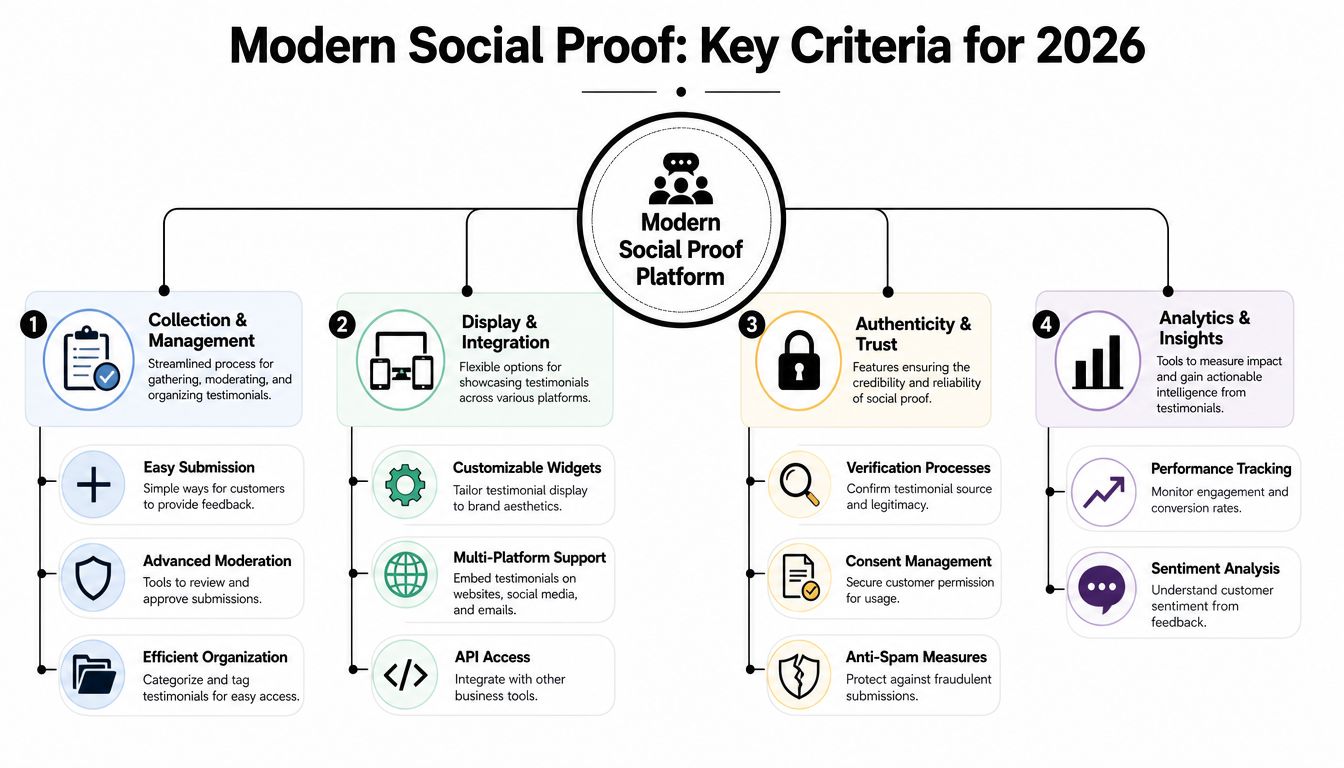 A diagram outlining the four key criteria for a modern social proof platform, including management, integration, trust, and analytics.