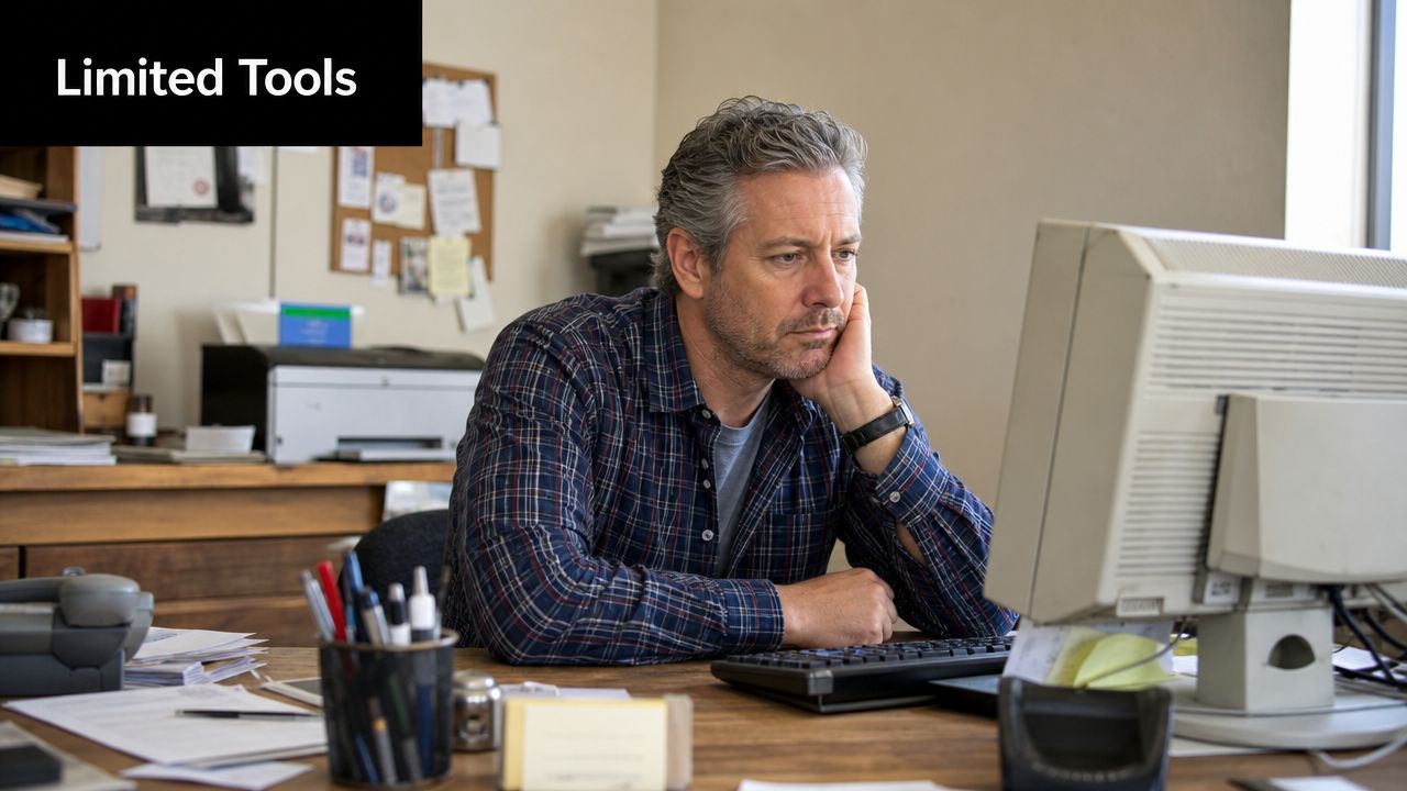A middle-aged man in a plaid shirt looking frustrated while sitting at an old computer desk.