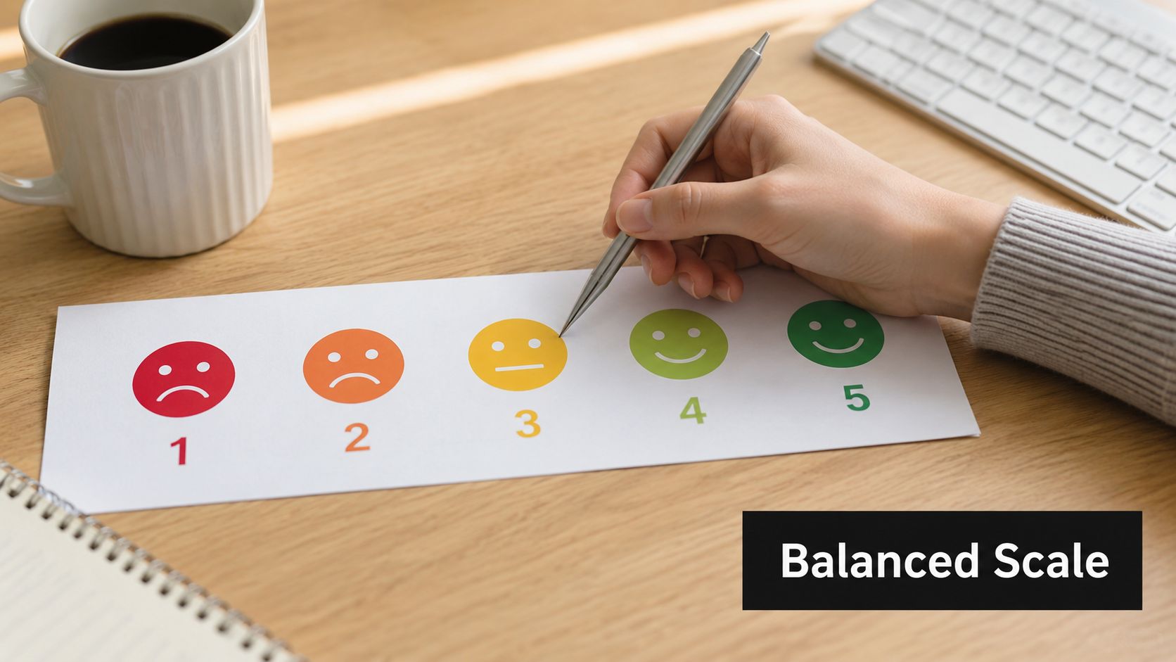 A hand uses a pen to point at the neutral rating on a five-point feedback scale.