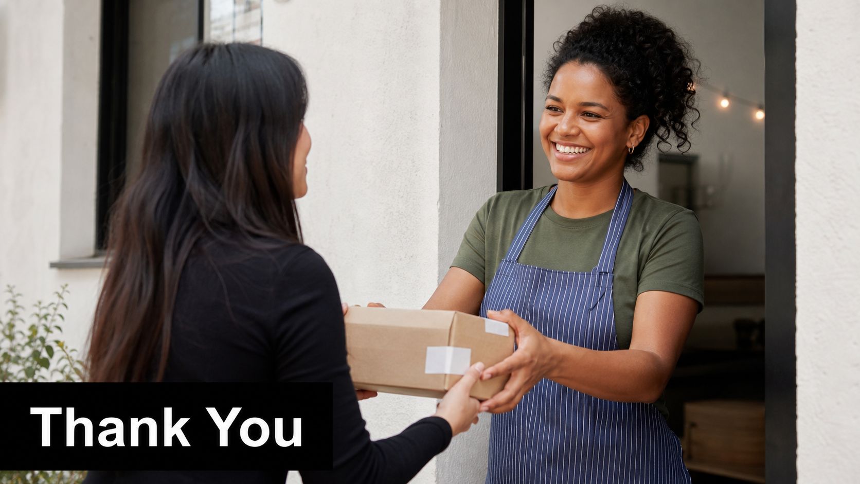 A friendly business owner smiling and handing a small cardboard package to a customer at a doorway.