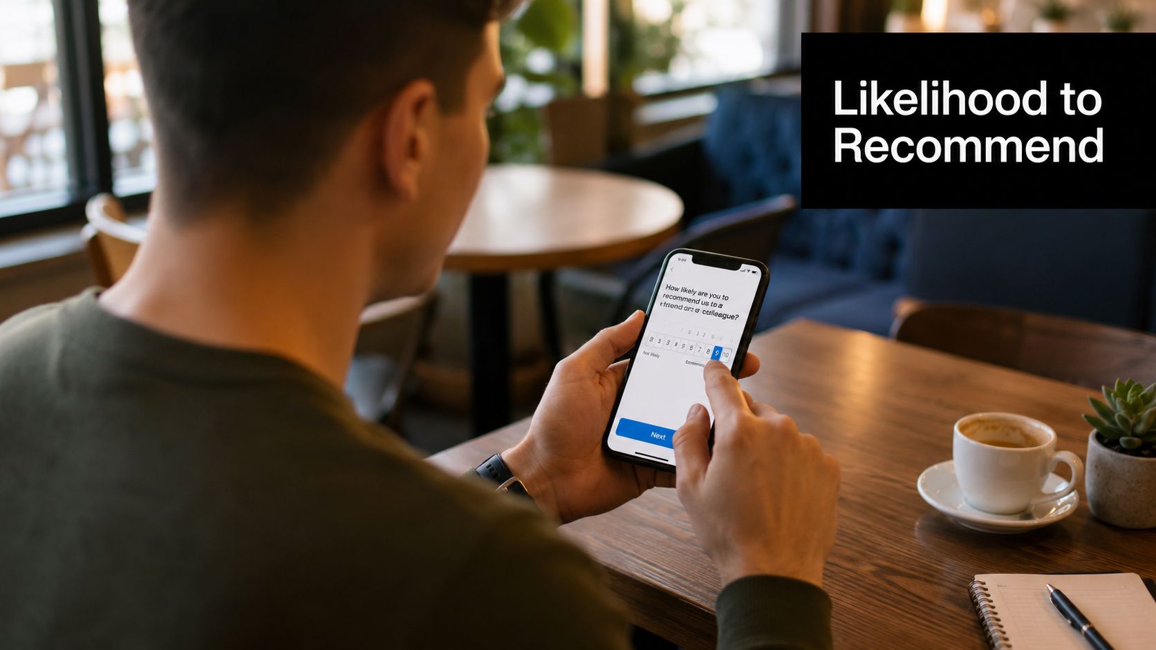 A person using a smartphone to answer a customer satisfaction survey while sitting at a cafe table.