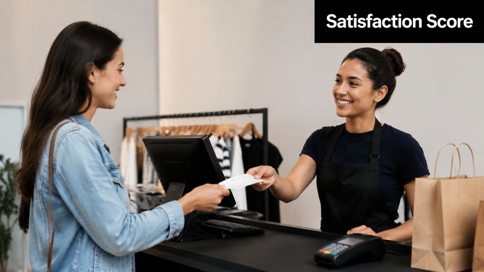 A store clerk hands a receipt to a smiling customer at a retail checkout counter.