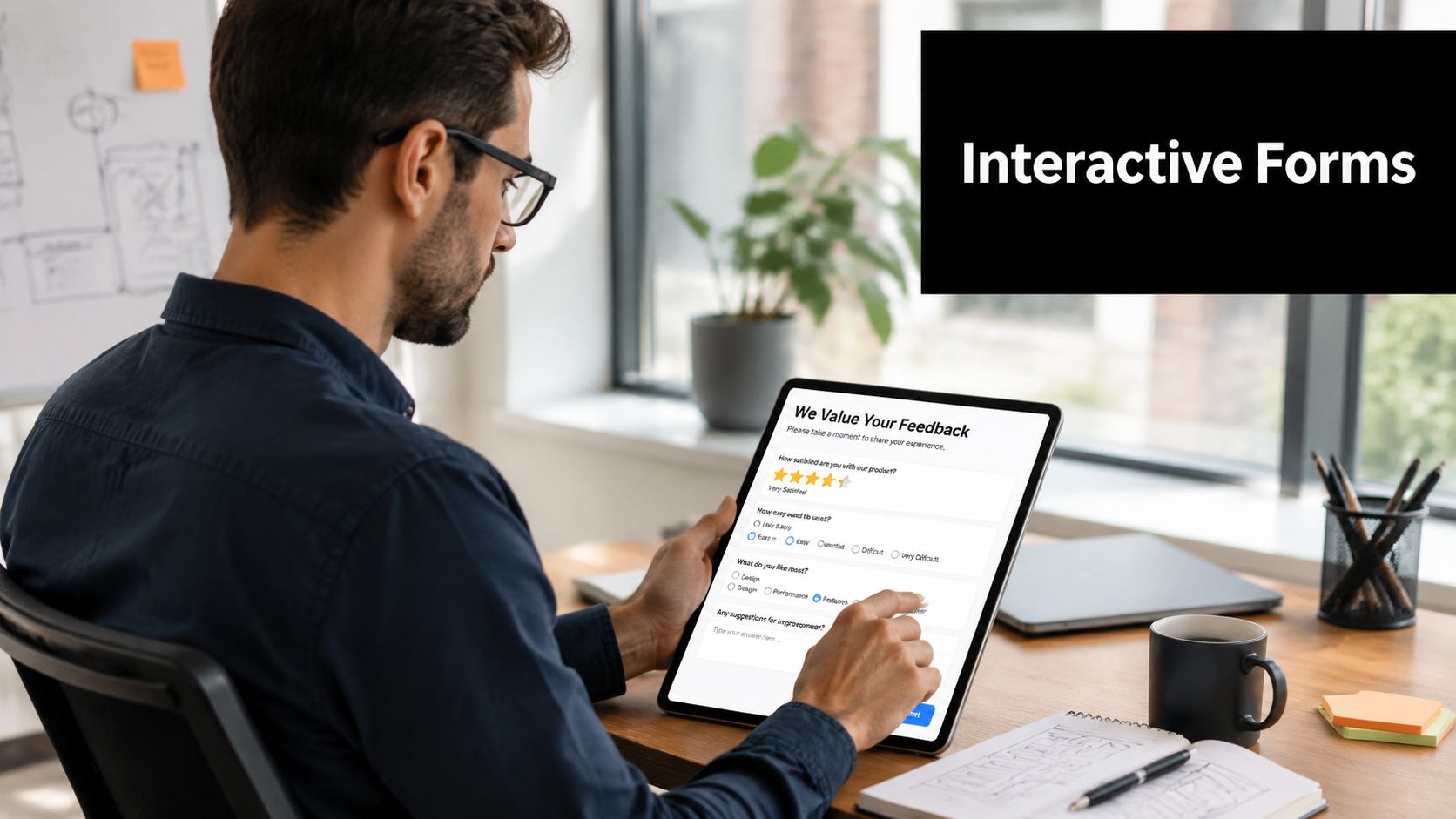 A man in a workspace holding a tablet displaying an interactive online customer feedback form.