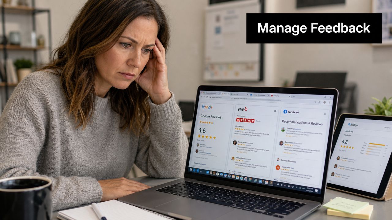 A woman looks stressed while managing customer reviews and feedback on her laptop and tablet screen.