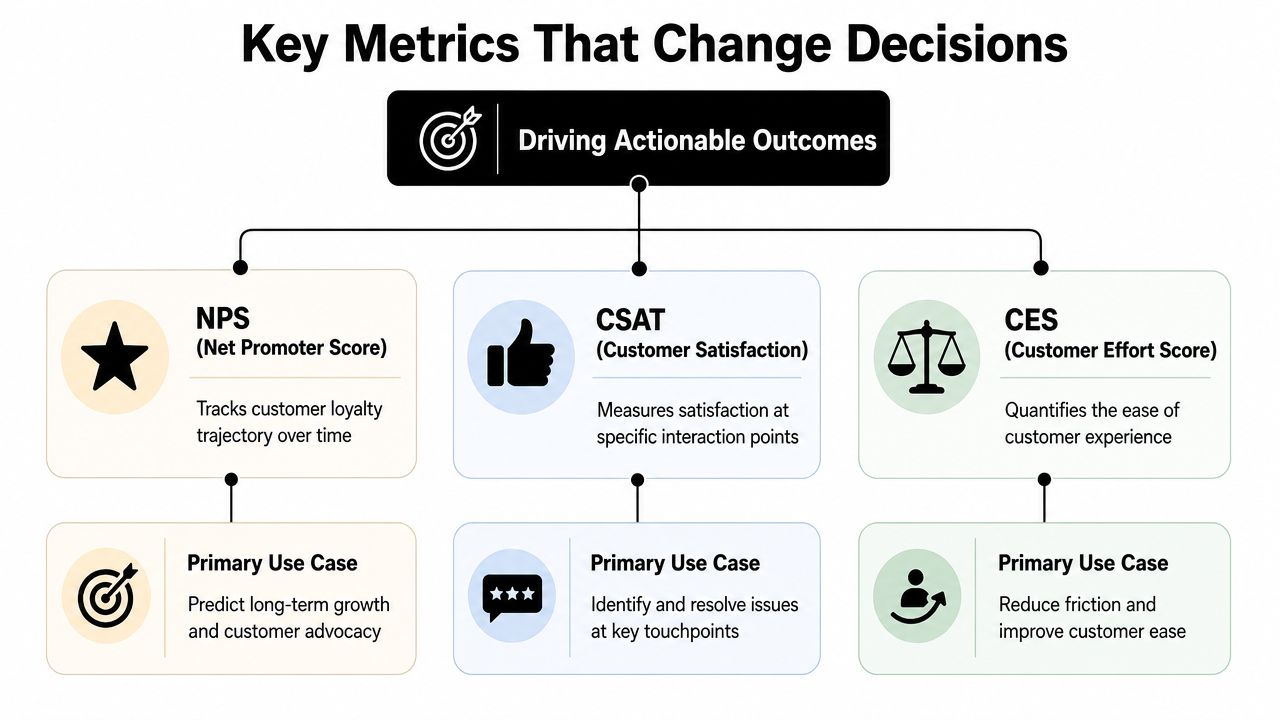 A diagram illustrating three key customer feedback metrics: Net Promoter Score, Customer Satisfaction, and Customer Effort Score.