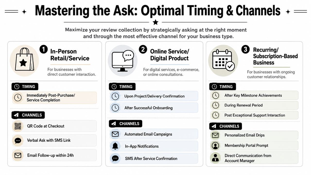 A strategy guide infographic detailing the optimal timing and channels to request customer reviews for different business models.