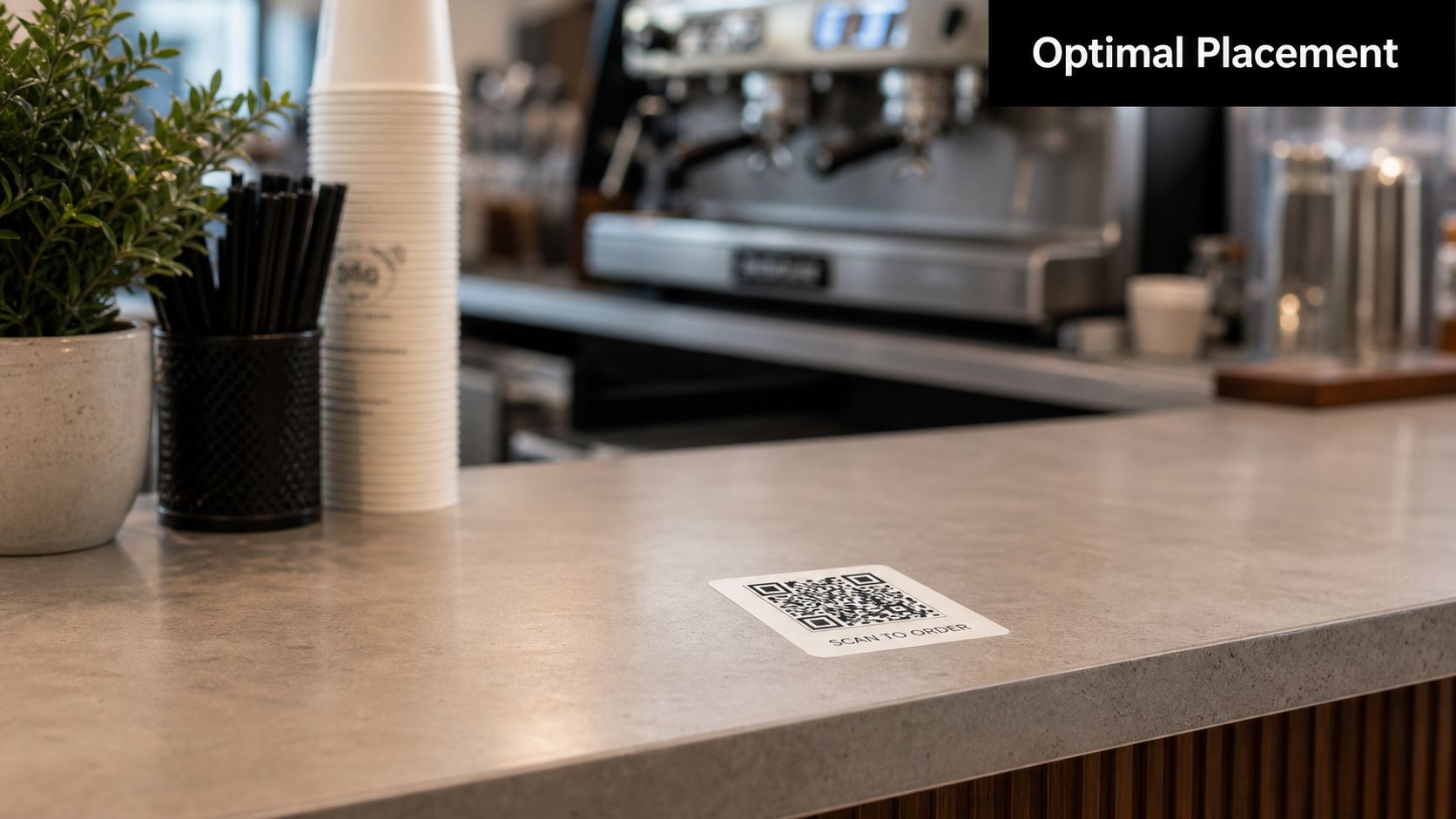 A square QR code sticker labeled scan to order placed on a clean coffee shop counter.