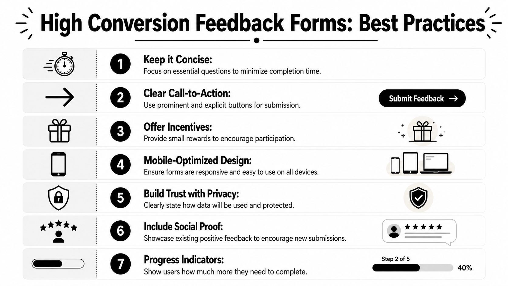 An infographic detailing seven best practices for designing high-conversion feedback forms for websites and applications.