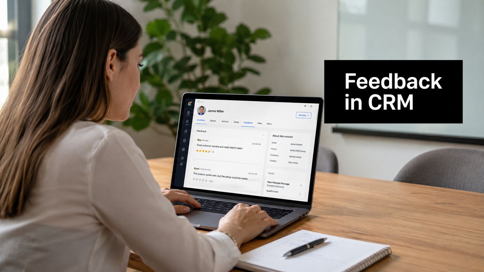 A businesswoman working on a laptop displaying customer feedback information in a CRM software interface.