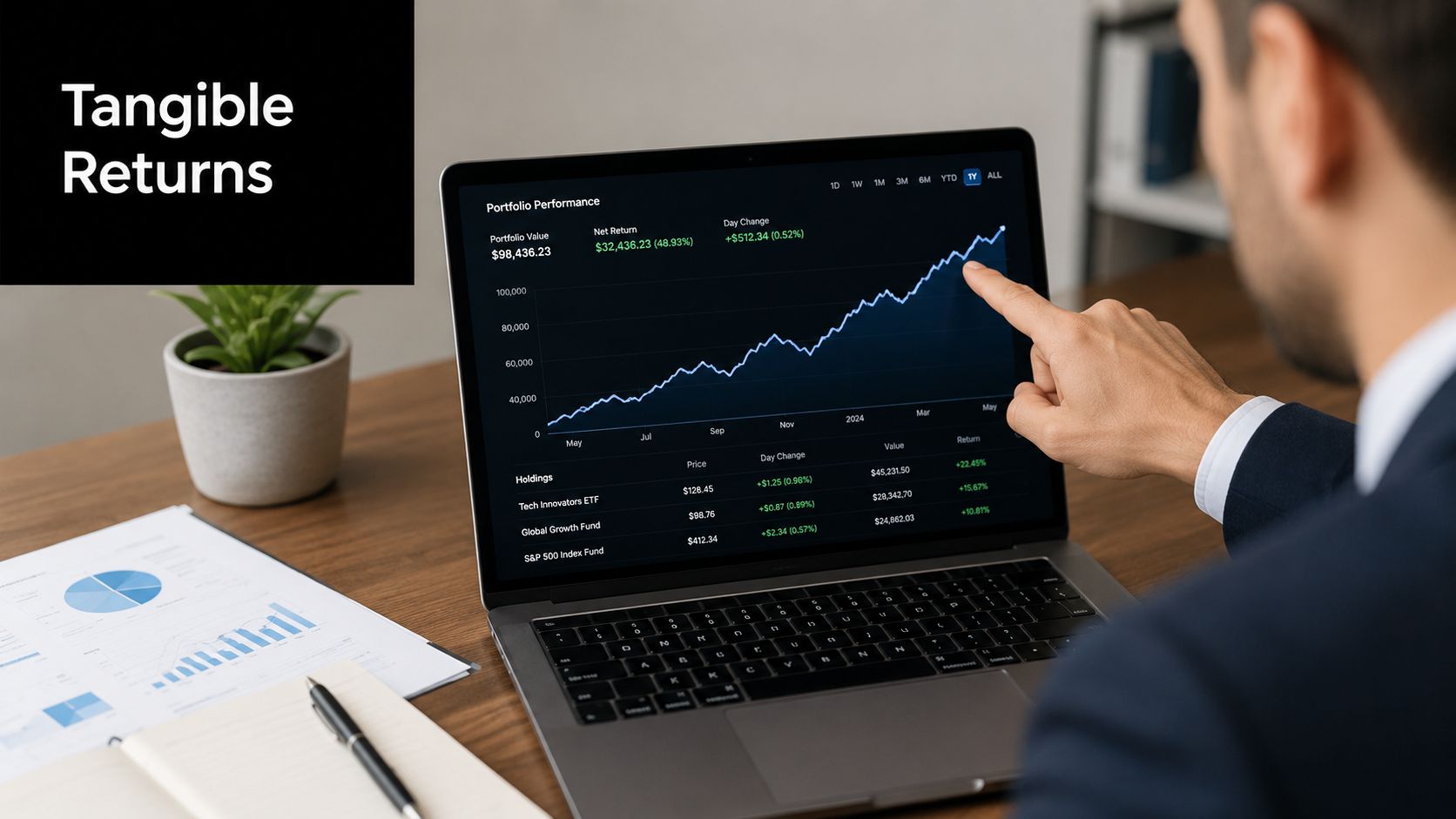 A professional analyzing a rising portfolio performance chart on a laptop screen while working at a desk.