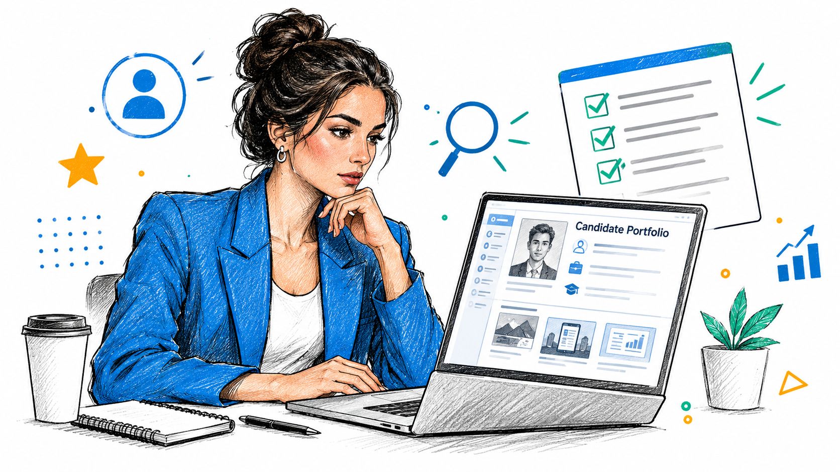 A professional woman reviewing a candidate portfolio on her laptop while working in a bright office environment.