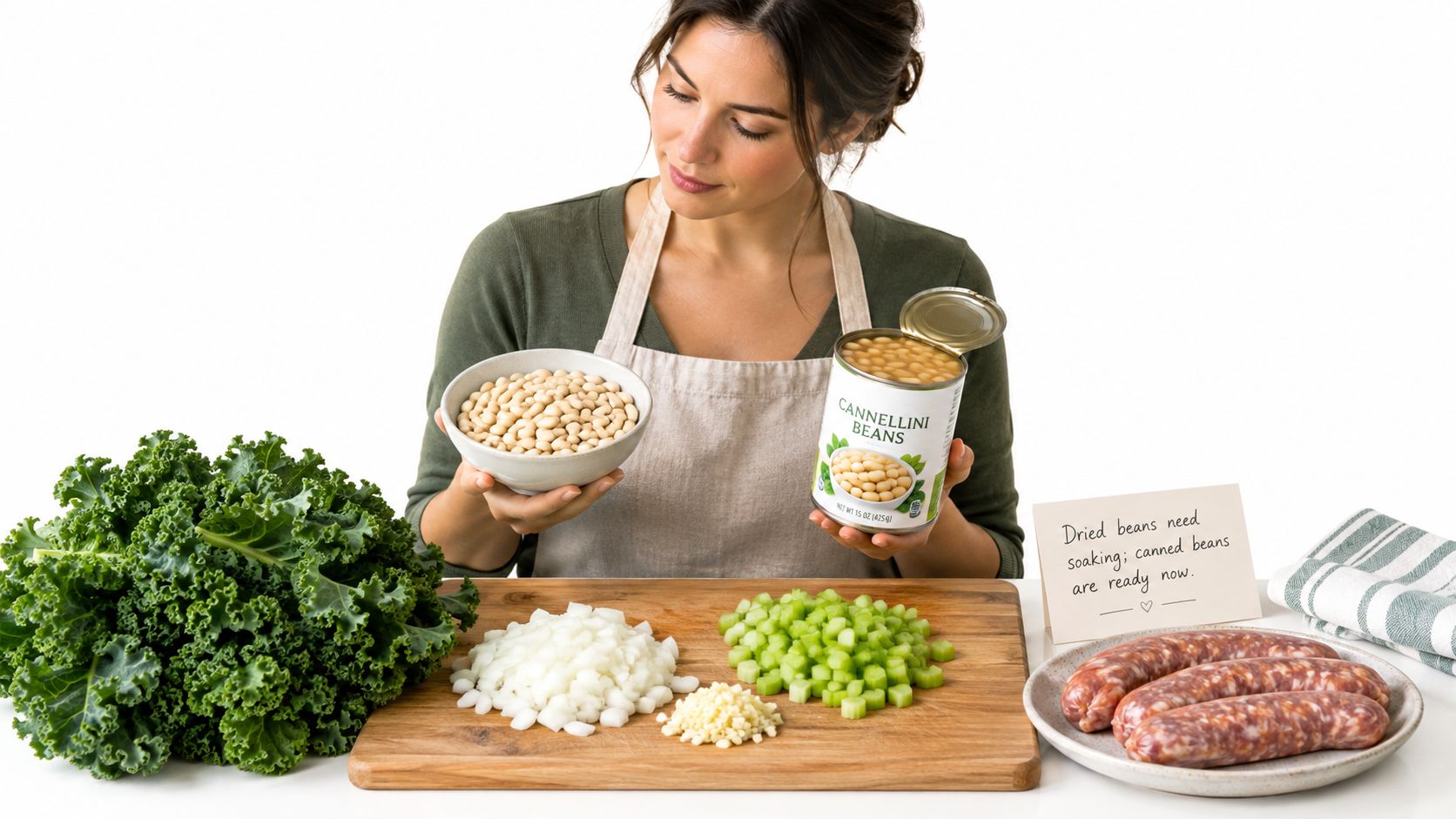 A woman wearing an apron prepares ingredients like kale, chopped vegetables, sausage, and cannellini beans for a recipe.