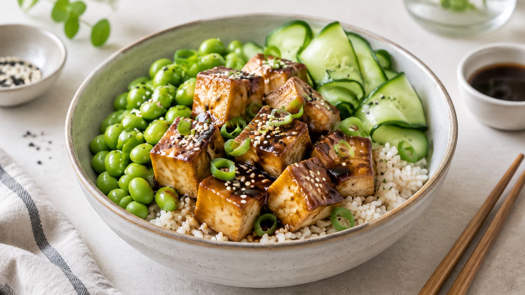 A colorful tofu poke bowl with edamame, sliced cucumber, and white rice in a ceramic bowl.