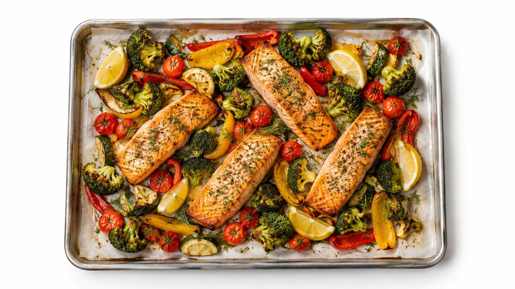 A sheet pan with three salmon fillets roasted with broccoli, cherry tomatoes, bell peppers, and lemon wedges.