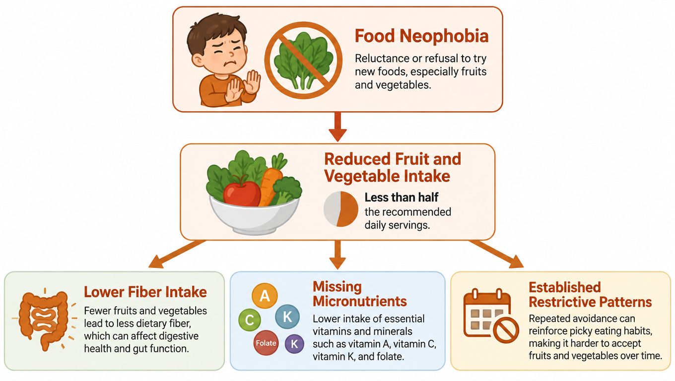 A flowchart explaining how food neophobia leads to reduced fruit and vegetable intake and negative health consequences.