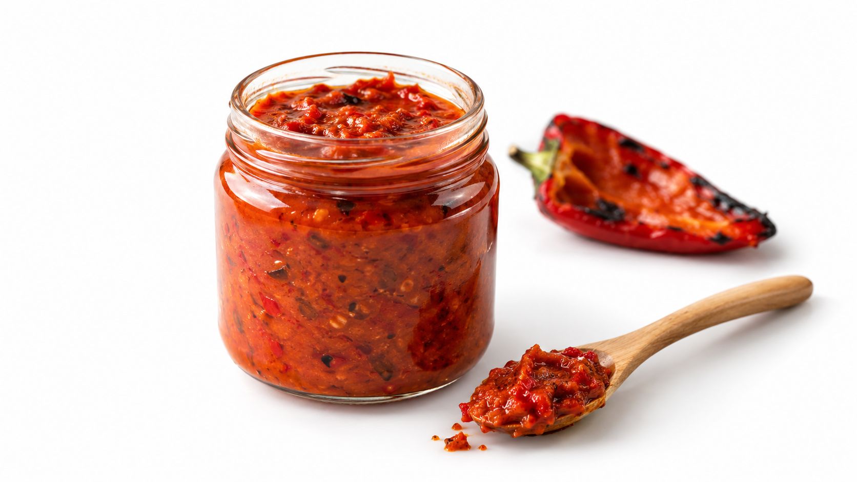 A glass jar filled with ajvar relish, accompanied by a wooden spoon and a roasted red pepper.