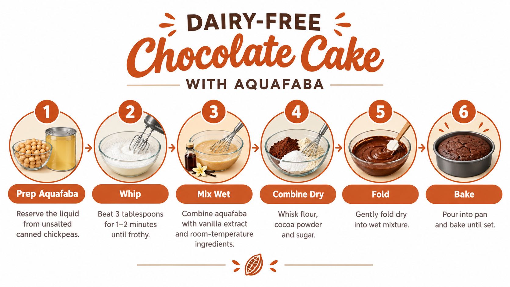 A six-step infographic demonstrating how to make a simple dairy-free chocolate cake using aquafaba as an ingredient.