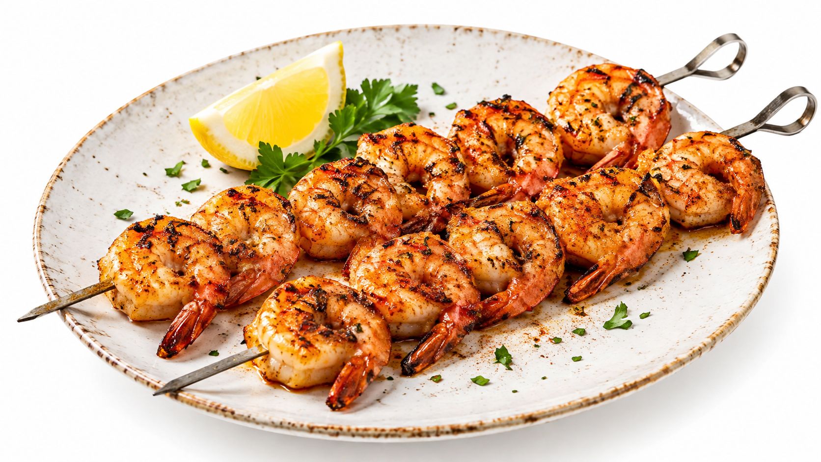 A serving plate with two metal skewers of grilled shrimp garnished with fresh parsley and lemon wedges.