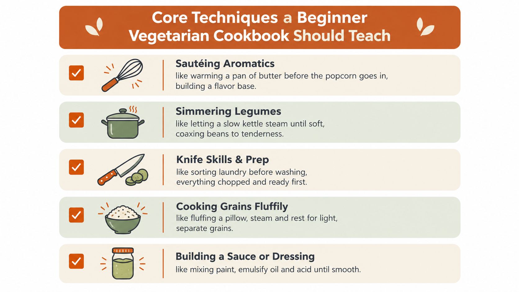 An infographic listing five core culinary techniques that every beginner vegetarian cookbook should teach readers.
