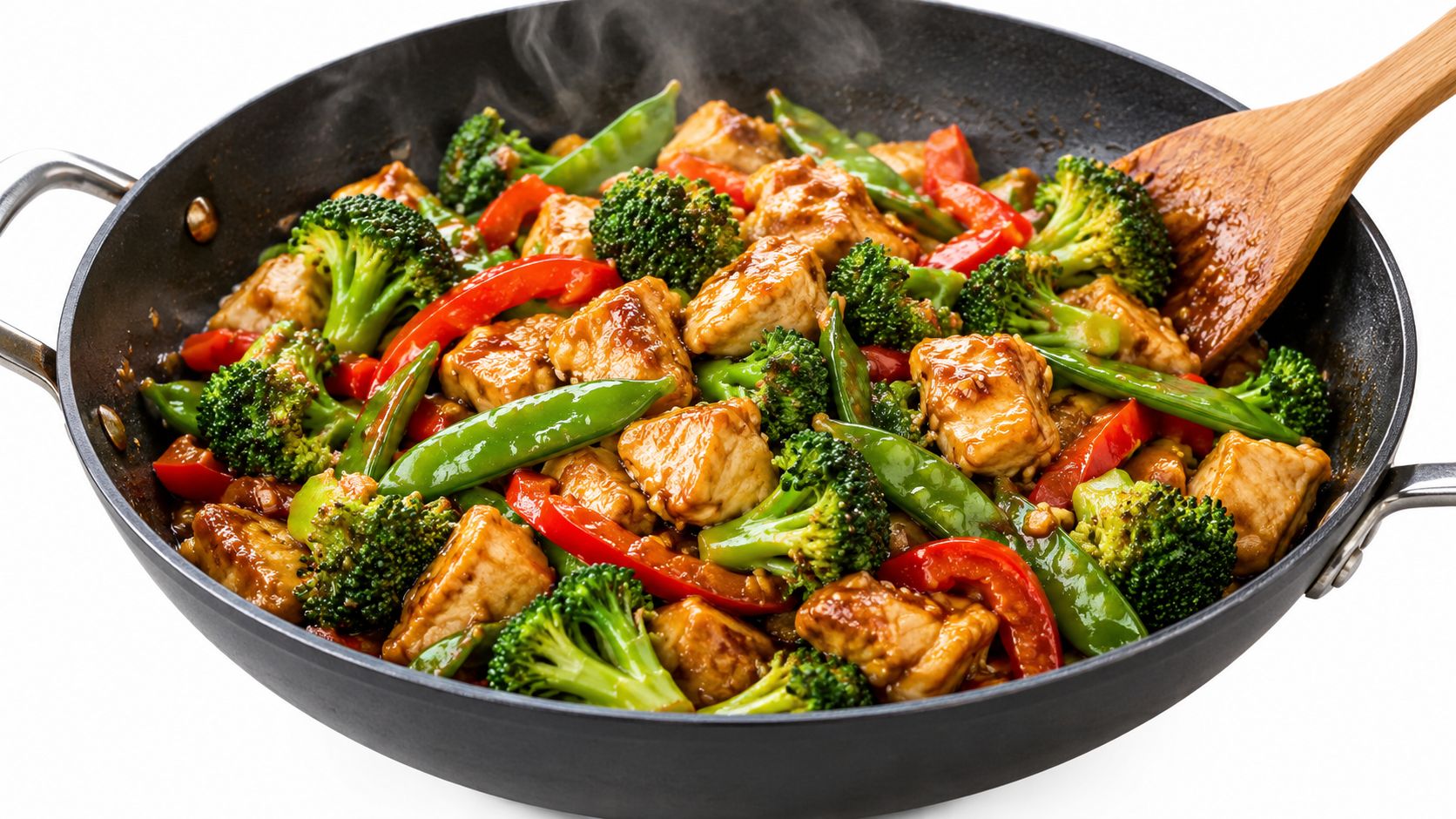A steaming stir-fry with chicken, broccoli, and red bell peppers in a large black wok.