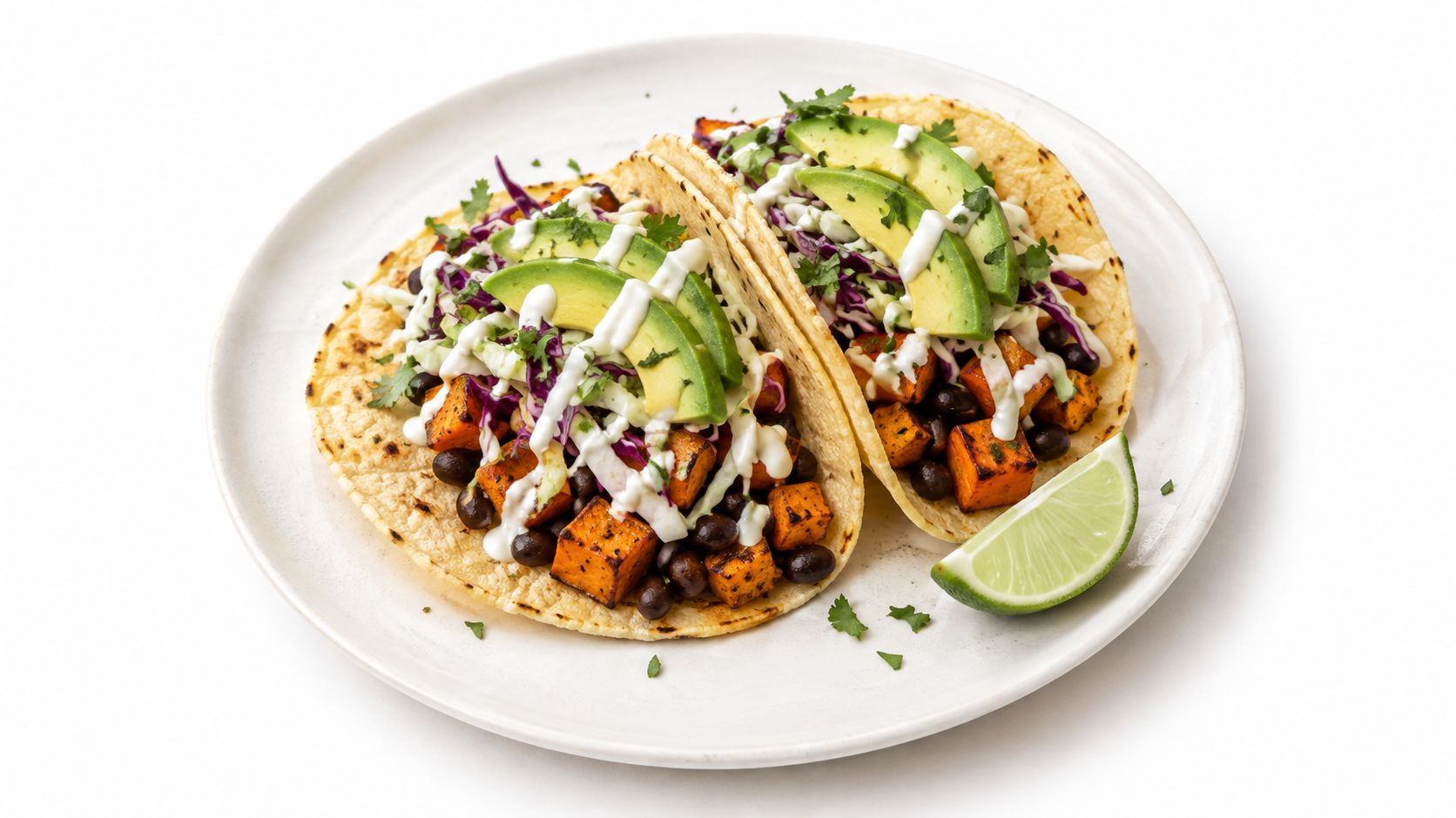 Two delicious tacos topped with roasted sweet potato, black beans, sliced avocado, and a creamy white sauce.