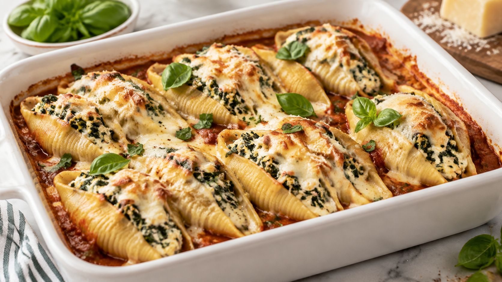 A casserole dish filled with delicious spinach and ricotta stuffed jumbo pasta shells baked in tomato sauce.