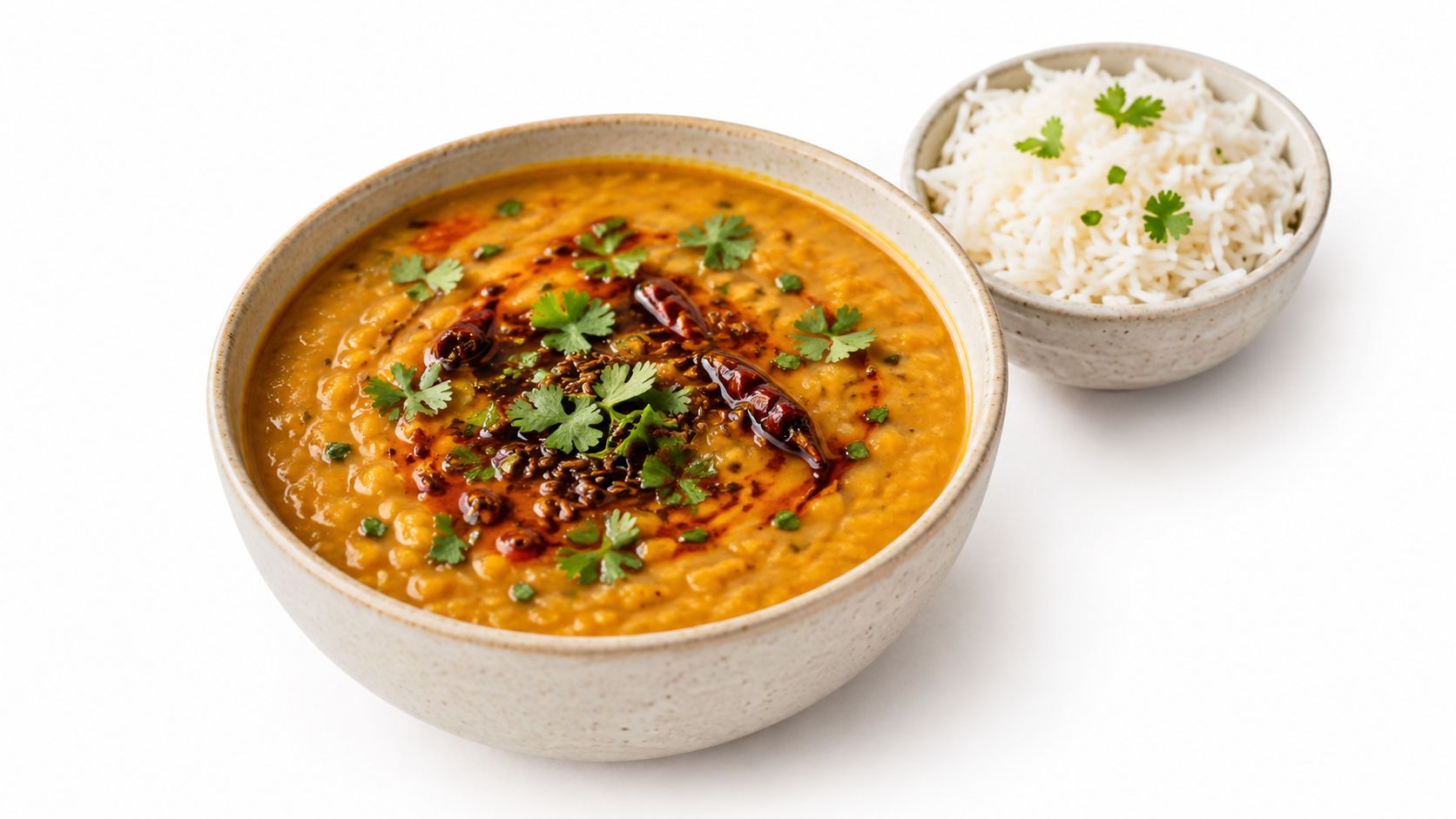A bowl of yellow dal tadka garnished with fresh cilantro and red chilies beside steamed white rice.