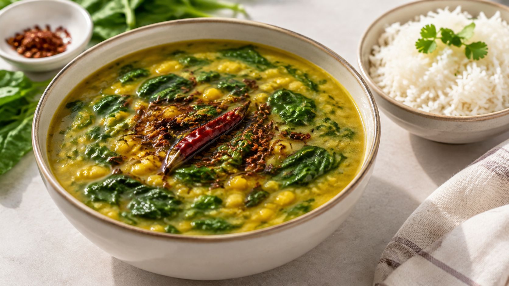A creamy bowl of spinach dal served with a side of white rice and red chili garnish.
