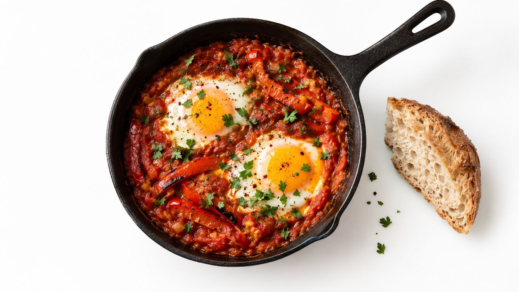 A cast iron skillet containing shakshuka with two poached eggs and red bell peppers, served with bread.