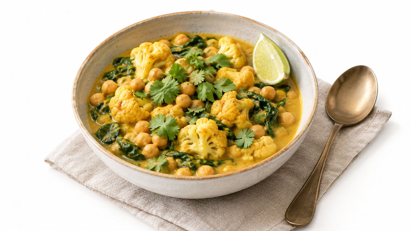 A creamy coconut chickpea and cauliflower curry served in a ceramic bowl with fresh cilantro and lime.