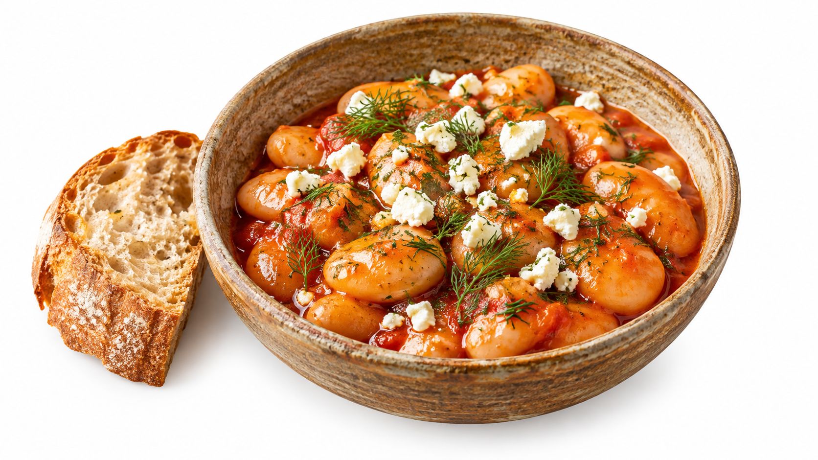 A rustic bowl of tomato-based giant white beans topped with crumbled feta cheese and fresh dill herbs.