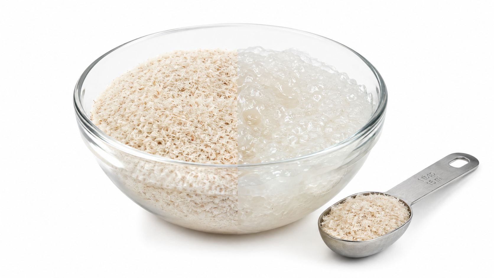 A glass bowl showing dry psyllium husk on one side and gelled psyllium husk on the other.