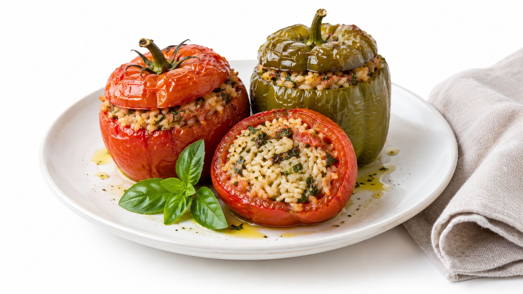 A plate containing roasted stuffed tomatoes and a bell pepper garnished with fresh green basil leaves.
