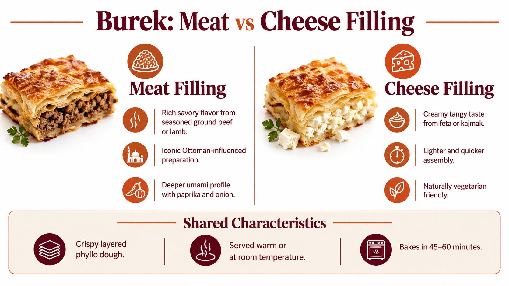 A comparative infographic highlighting the differences and shared characteristics of meat-filled and cheese-filled Burek pastries.