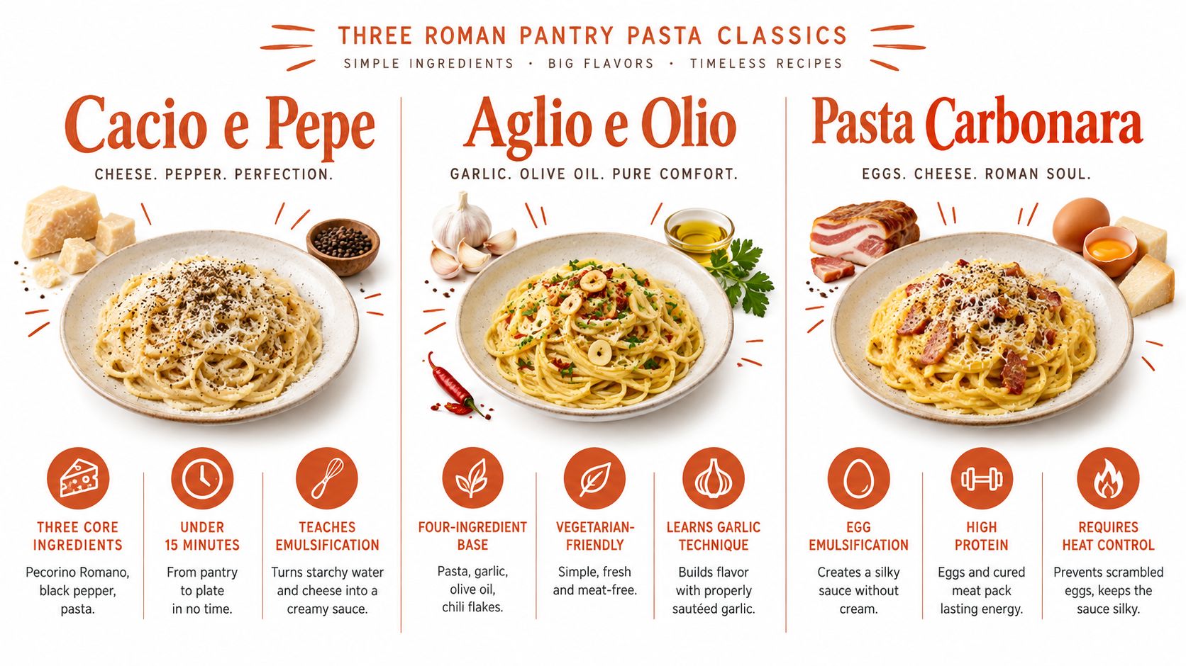 A visual guide displaying three classic Roman pasta recipes with their main ingredients and preparation tips.