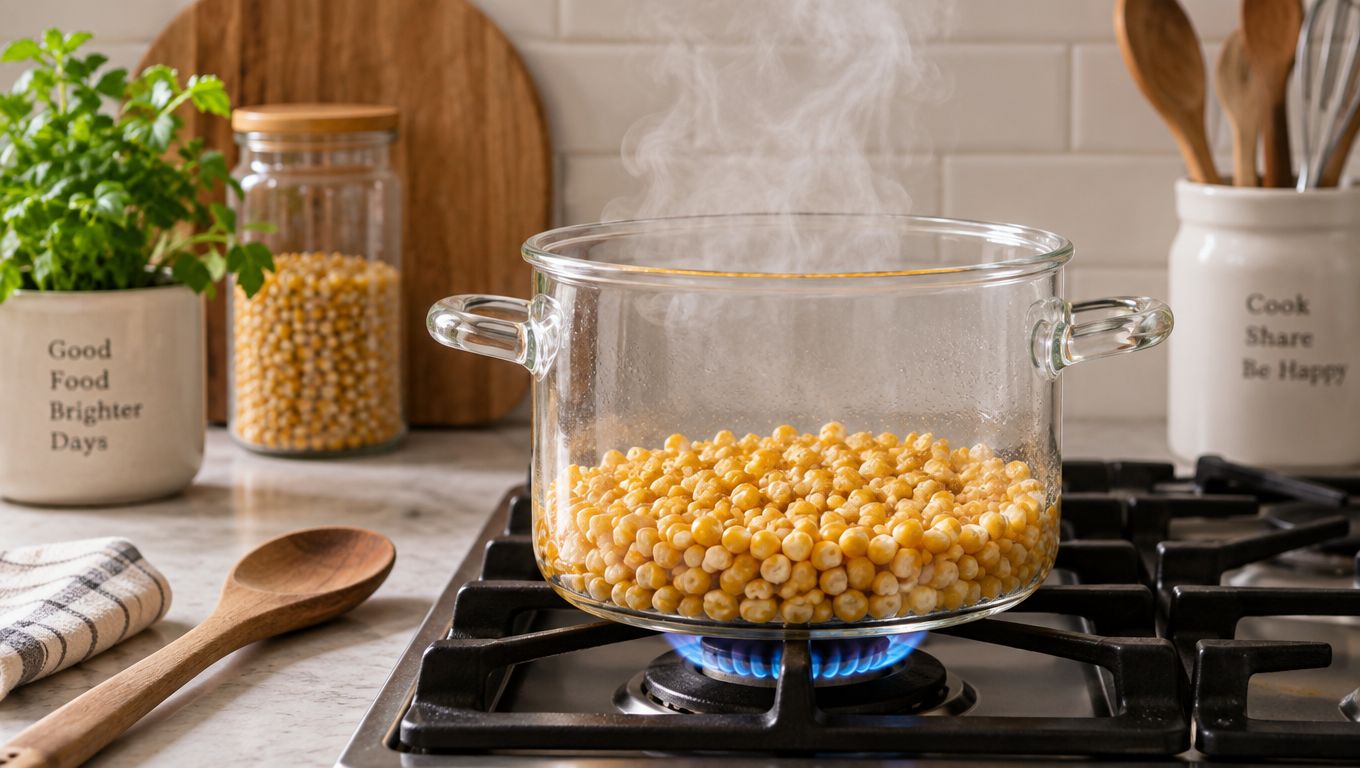 Yellow corn kernels simmering in a clear glass pot on a gas stove burner with steam rising.