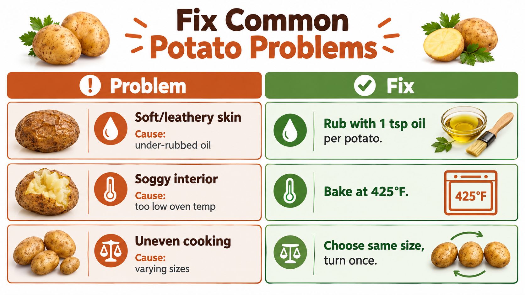 A helpful infographic guide detailing solutions for common problems encountered when baking potatoes at home.