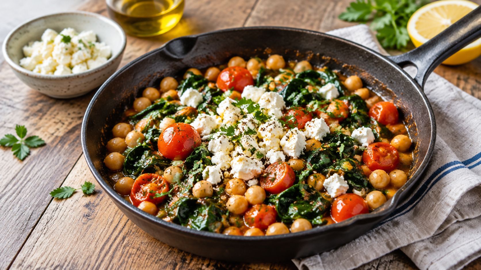 A cast iron skillet filled with a healthy meal of chickpeas, spinach, cherry tomatoes, and feta cheese.