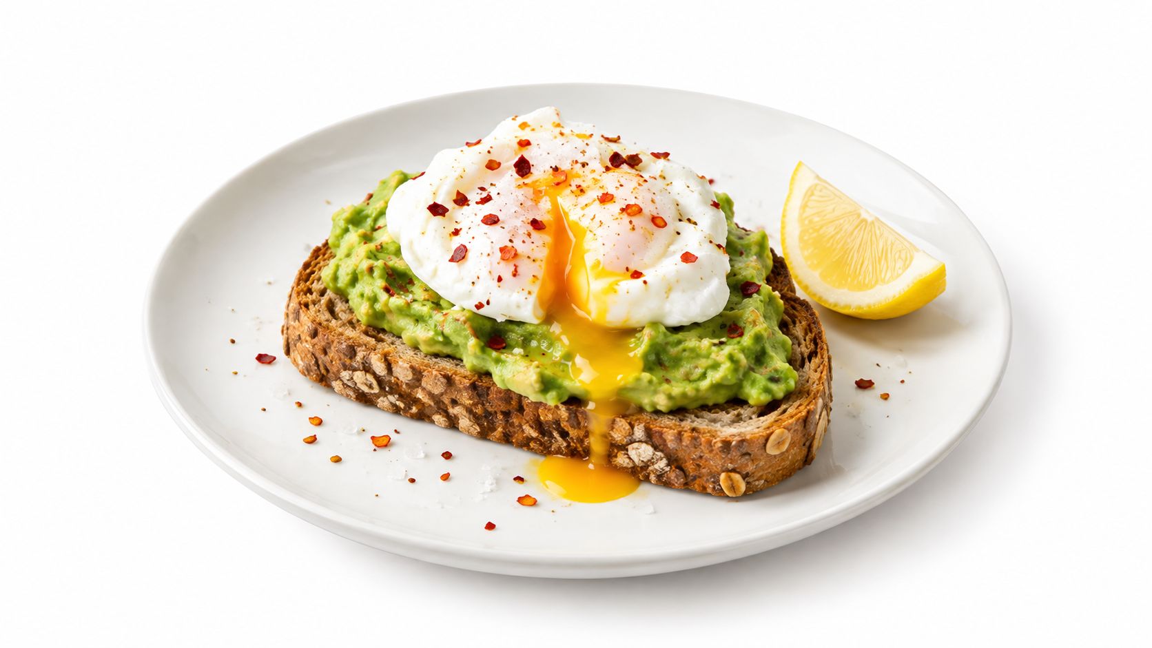 A poached egg on avocado toast topped with chili flakes served on a plate with lemon