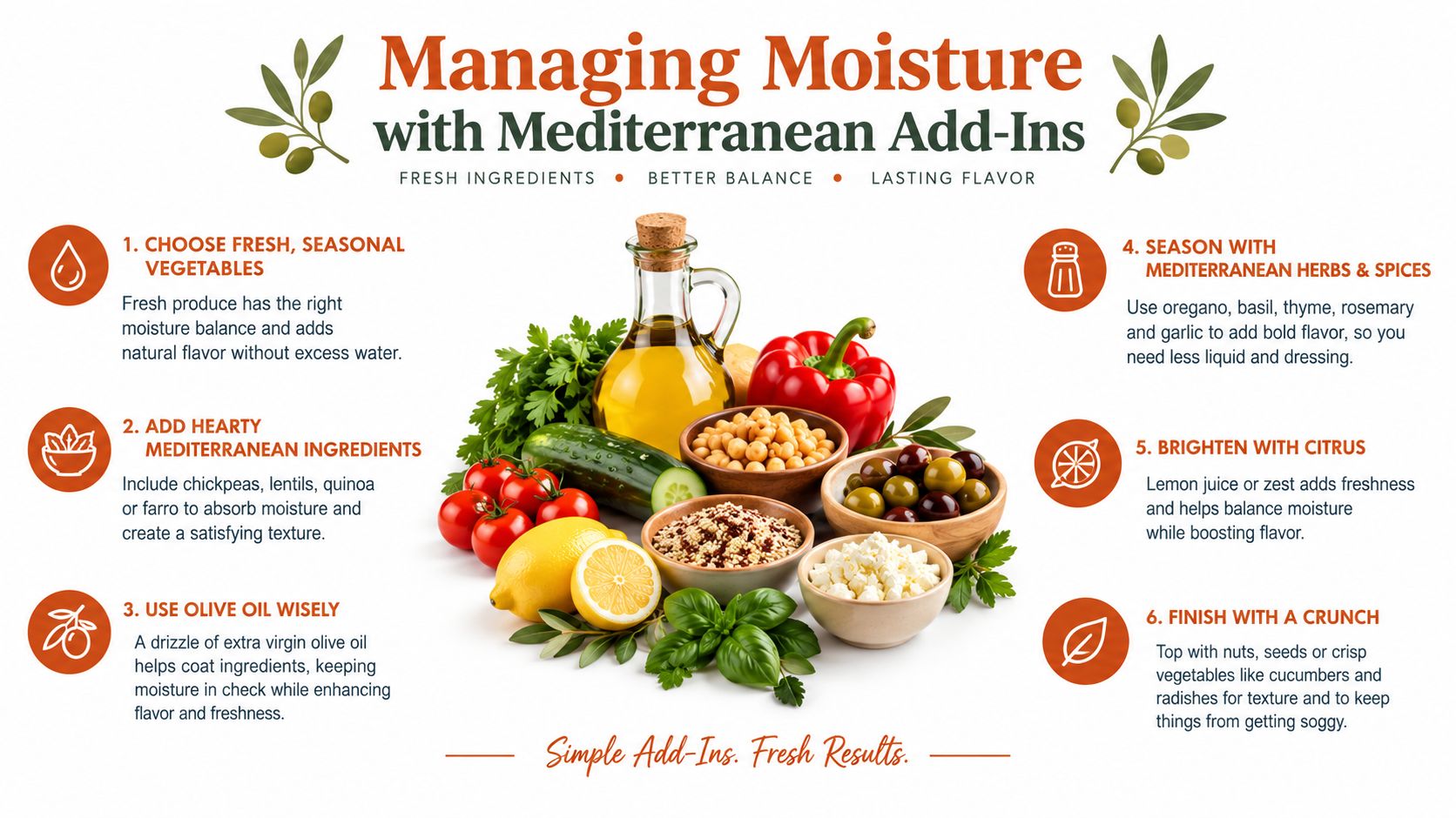 An infographic on managing moisture in dishes using fresh, seasonal Mediterranean ingredients for better flavor and texture.