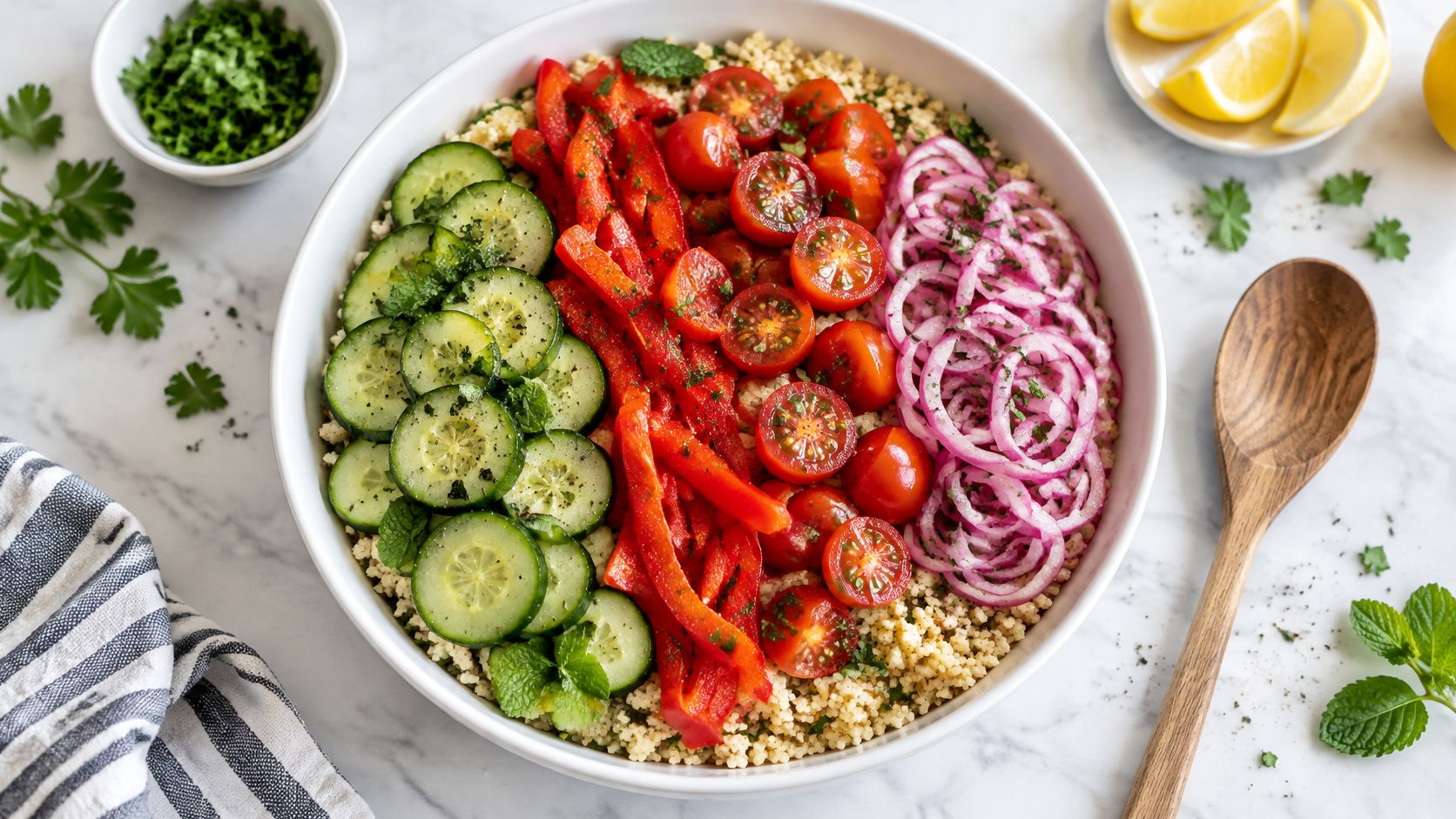 A vibrant couscous salad bowl featuring sliced cucumbers, red bell peppers, cherry tomatoes, and red onions.