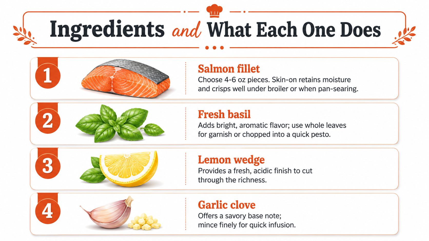 A cooking infographic detailing essential ingredients for a salmon recipe, including salmon fillet, fresh basil, lemon, and garlic.