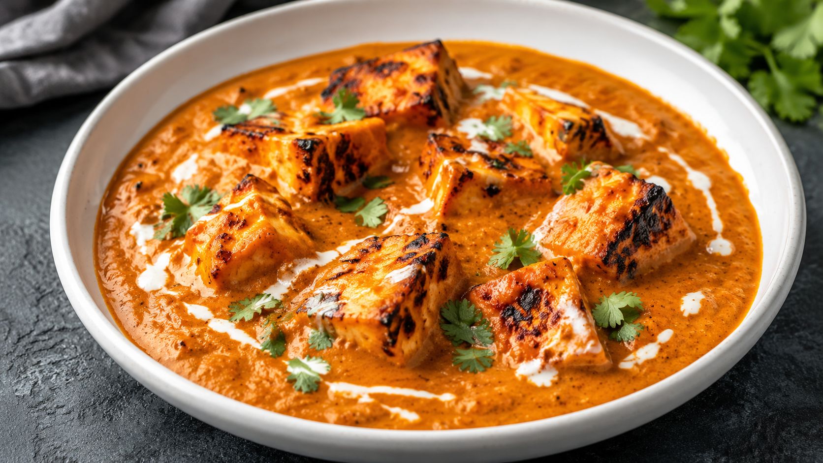 A close-up of a white bowl filled with creamy paneer butter masala garnished with fresh cilantro.