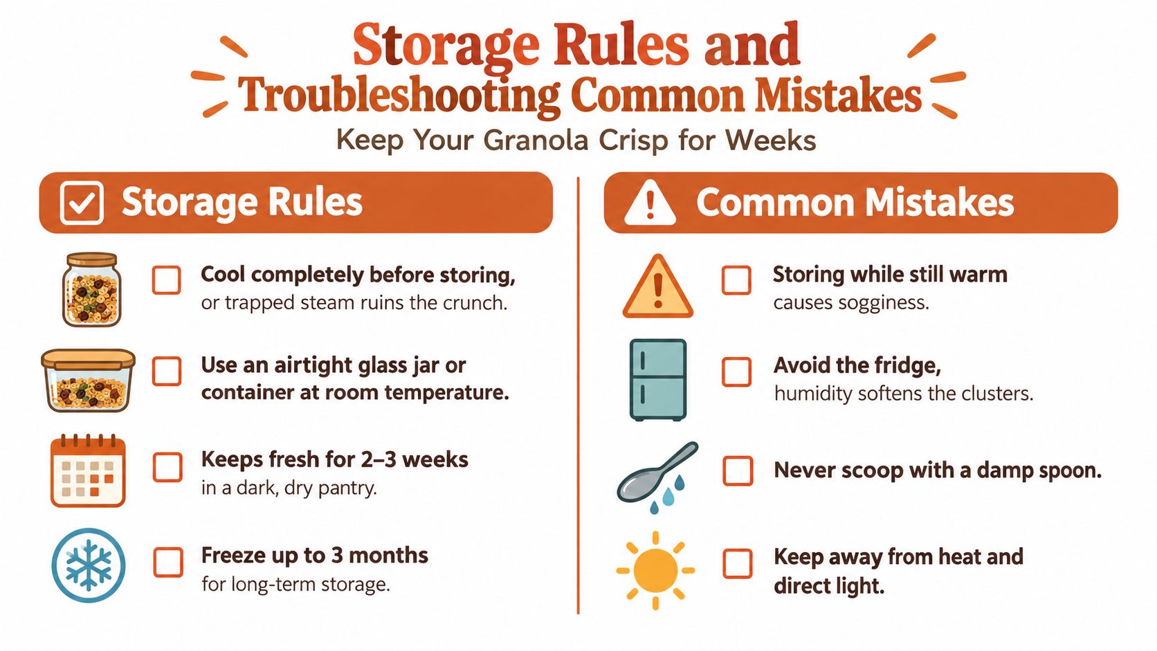 An infographic detailing essential storage rules and common mistakes for keeping homemade granola crisp and fresh.