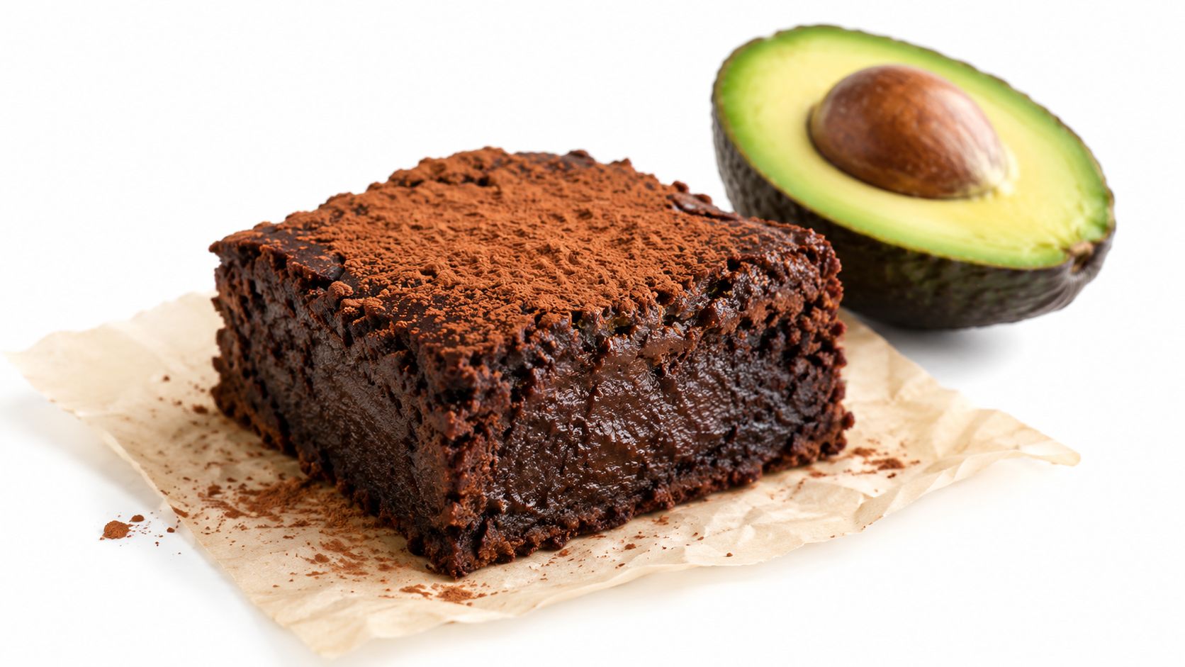 A dense, moist chocolate avocado brownie dusted with cocoa powder sitting on parchment paper next to an avocado.