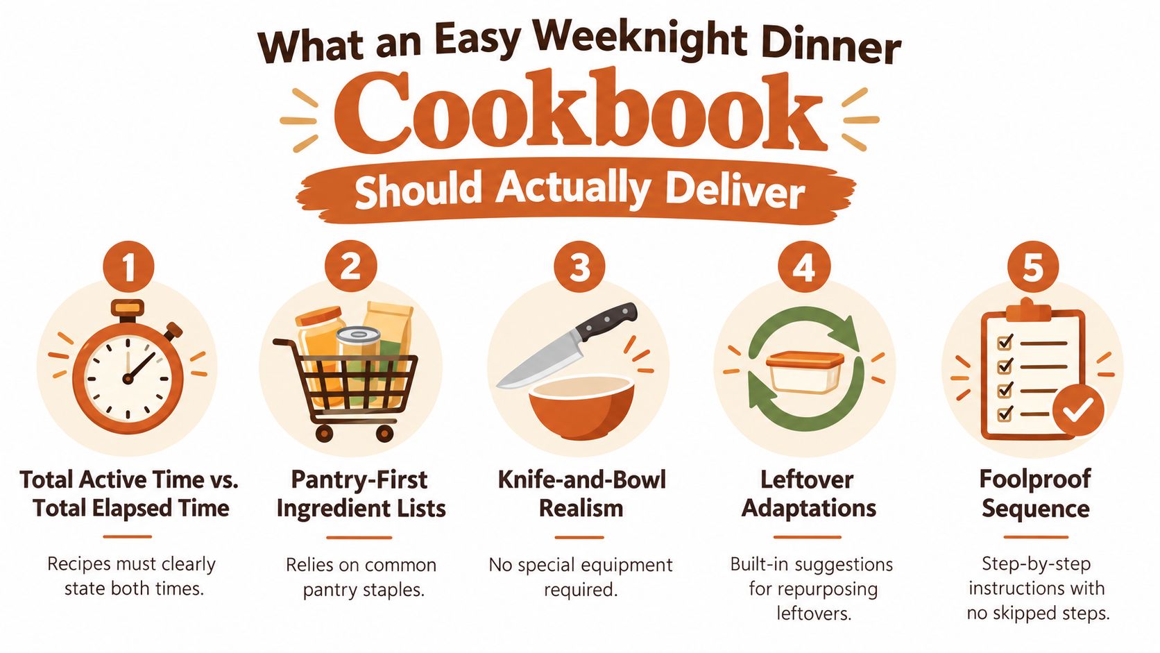 An infographic titled What an Easy Weeknight Dinner Cookbook Should Actually Deliver featuring five key principles.