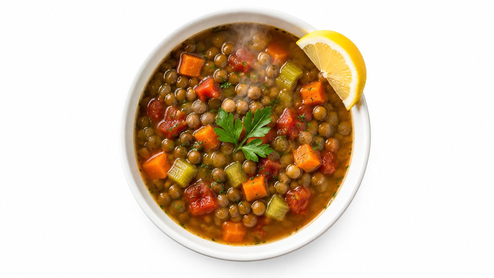 A warm, hearty bowl of lentil soup with fresh vegetables and a lemon wedge garnish.