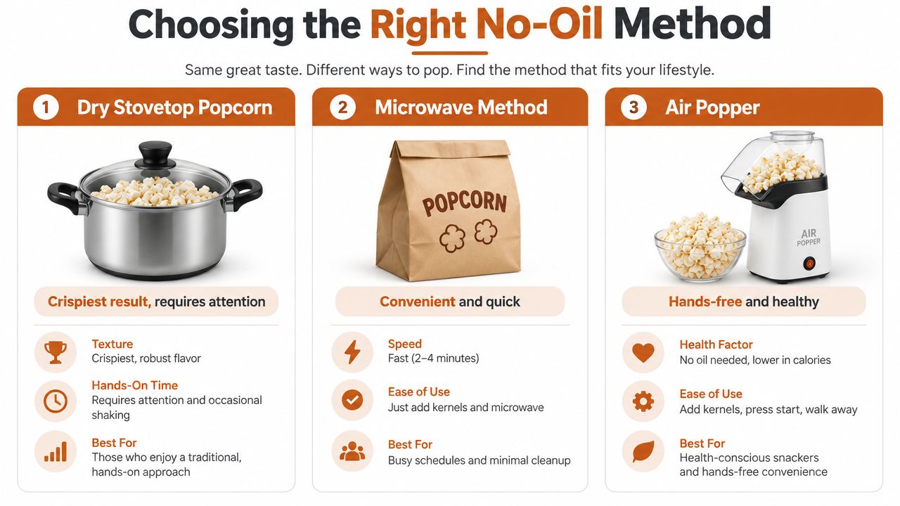 A comparison chart showing three methods for popping popcorn without oil: stovetop, microwave, and air popper.